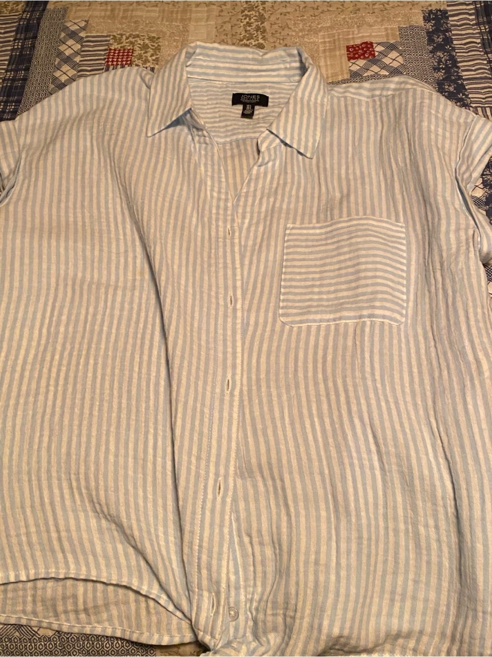 Jones New York Blue and White Striped Button-Up Blouse